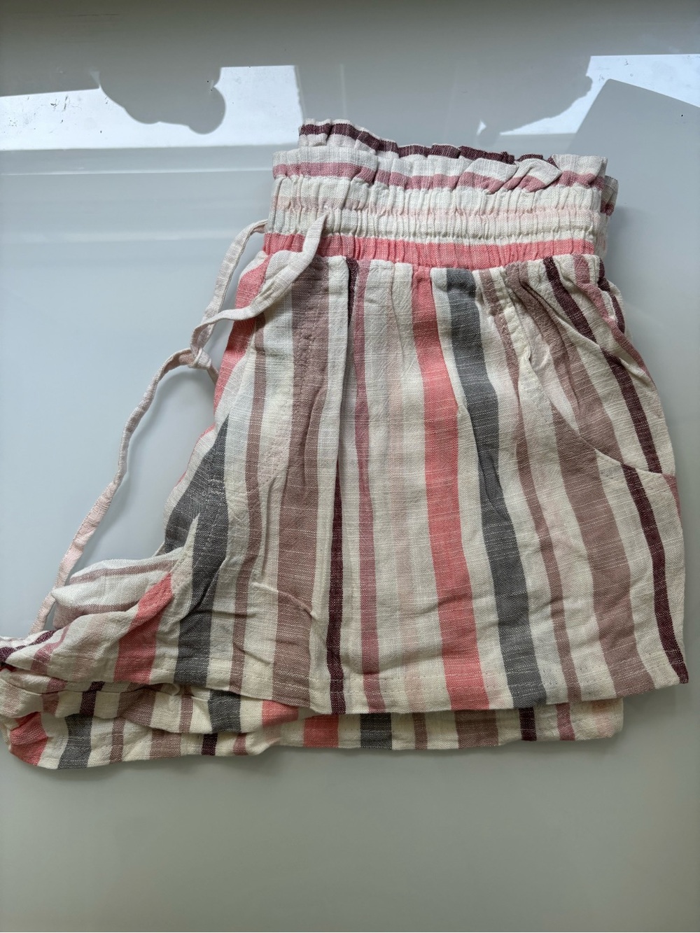 Striped Smocked Waist Drawstring Shorts - Pink, Cream & Gray